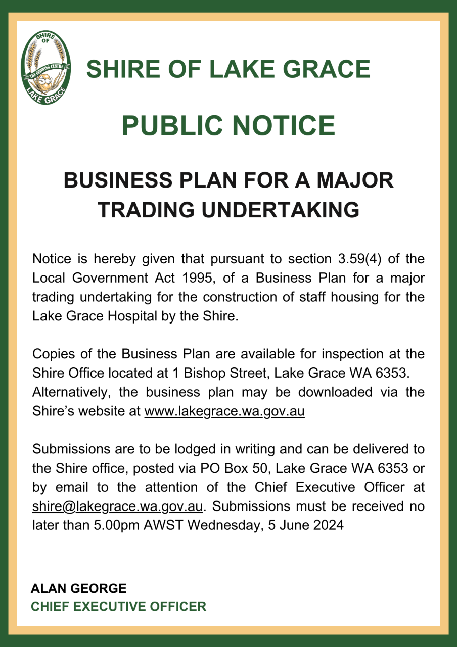 Public Notice of a Business Plan for a Major Trading Undertaking